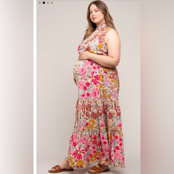 NWT Pinkblush Maternity | Pink Floral Mock Neck Maternity Plus Maxi Dress - Picture 2 of 5